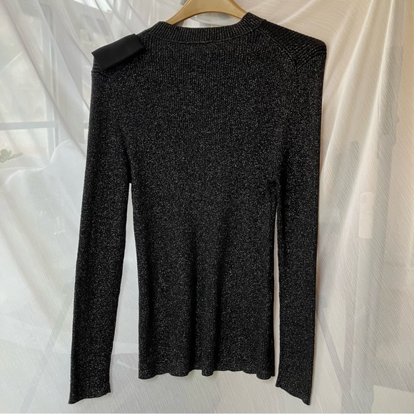Black Sparkly mock turtleneck Sweater with Bow Detail - Picture 3 of 8